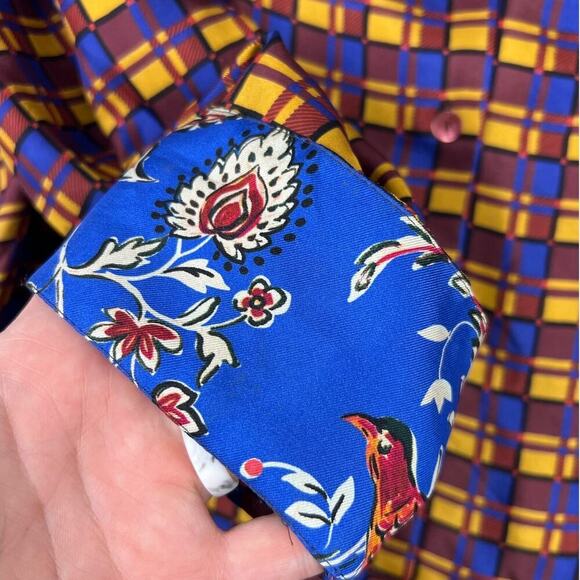 ZARA MULTICOLOR Checked FLOWY FLIP CUFF SILK SHIRT W BEADED NECK Button UP Large - Picture 6 of 10